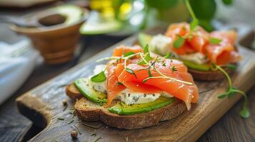 ai généré Avocat pain grillé avec fumé Saumon pour petit-déjeuner, fait maison cuisine et traditionnel nourriture, pays la vie photo