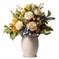 ai généré magnifique bouquet de épanouissement fleurs dans une ancien vase isolé sur blanc arrière-plan, pays style Accueil décor et intérieur conception, génératif ai photo