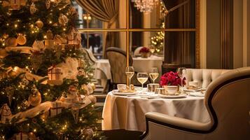 ai généré Noël vacances et Nouveau année fête, dîner table à une luxe Anglais stylé restaurant ou Hôtel intérieur, Noël arbre décoration, vacances fête et un événement invitation photo