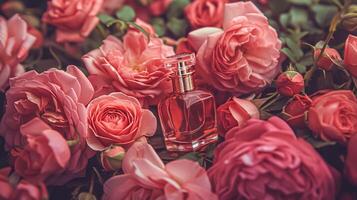 ai généré parfum bouteille dans fleurs, fragrance sur épanouissement arrière-plan, floral parfum et cosmétique produit photo