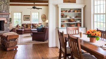 ai généré ferme à manger pièce décor, intérieur conception et vivant chambre, table avec chaises, meubles et Accueil décor, Anglais pays chalet style photo