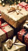 ai généré vacances cadeaux et cadeaux, pays chalet style enveloppé cadeau des boites pour boxe jour, Noël, valentines journée et vacances achats vente, beauté boîte livraison photo