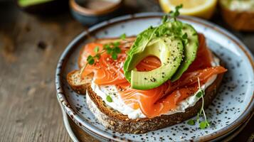 ai généré Avocat pain grillé avec fumé Saumon pour petit-déjeuner, fait maison cuisine et traditionnel nourriture, pays la vie photo