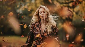 ai généré blond femme au milieu de une tourbillon de l'automne feuilles, une portrait de mouvement et couleur, automnal mode et style photo