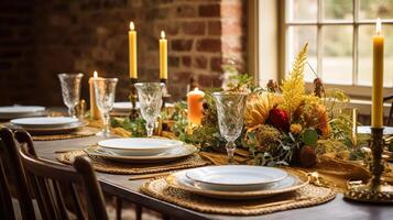 ai généré l'automne vacances paysage de table, formel dîner table paramètre, table scape avec élégant automnal floral décor pour mariage fête et un événement décoration photo