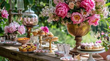 ai généré mariage décoration avec pivoines, floral décor et un événement fête, pivoine fleurs et mariage la cérémonie dans le jardin, Anglais pays style photo