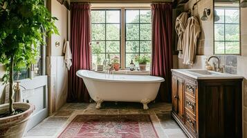 ai généré luxueux salle de bains avec marbre détails et Bourgogne accents, intérieur conception et Accueil décor photo