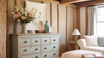 ai généré ferme intérieur conception, Accueil décor, vivant pièce ou couloir décor, la commode, canapé et meubles dans Anglais pays maison et élégant chalet style photo