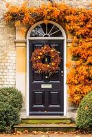 ai généré l'automne couronne décoration sur une classique porte entrée, accueillant l'automne vacances saison avec automnal décorations, génératif ai photo