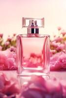 ai généré luxueux floral flairer, fragrance bouteille et rose fleurs, parfum commercial dans fleur jardin, sur mesure parfumerie et beauté produit vente, génératif ai photo