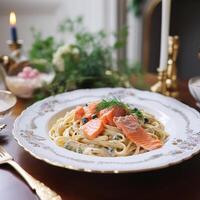 ai généré Pâtes avec fumé Saumon et crème, fait maison cuisine et traditionnel nourriture, pays la vie photo