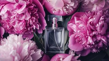 ai généré parfum bouteille dans fleurs, fragrance sur épanouissement arrière-plan, floral parfum et cosmétique produit photo