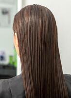 portrait de une magnifique femme avec longue marron tout droit cheveux dans une beauté salon. photo