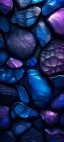 ai généré abstrait fond d'écran de foncé rochers avec bleu et violet lumières. futuriste Contexte de foncé la nature. photo