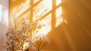 ai généré magnifique bouquet plus de Jaune mur avec longue jeter ombres de la fenêtre. photo