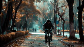 ai généré homme équitation vélo dans le parc avec vide espace pour texte. photo