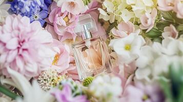 ai généré parfum bouteille dans fleurs, fragrance sur épanouissement arrière-plan, floral parfum et cosmétique produit photo