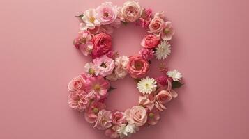 ai généré le numéral 8 composé de floral éléments affiché sur une délicat rose surface. photo
