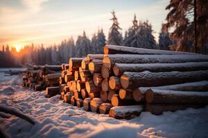 ai généré scénique hiver forêt coucher de soleil, pile de pin journaux Contexte photo