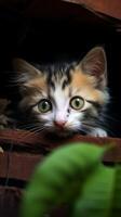 ai généré adorable chaton avec magnifique vert yeux, dans une détendu espiègle pose verticale mobile fond d'écran photo