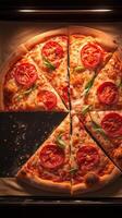 ai généré chaud et délicieux Pizza capturé dans le processus de cuisson verticale mobile fond d'écran photo