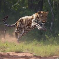 ai généré jungle sprint action coup de une léopard fonctionnement dans le forêt pour social médias Publier Taille photo