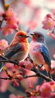 ai généré natures palette coloré des oiseaux sur Cerise arbre branches verticale mobile fond d'écran photo