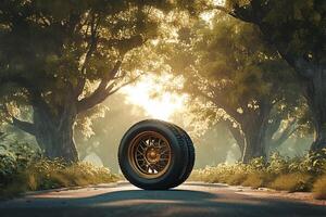 ai généré forêt conduire voiture roue sur asphalte route parmi luxuriant des arbres photo