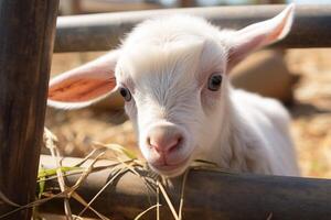 ai généré charmant ferme moment blanc bébé chèvre pièces près bambou clôture photo