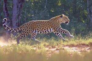 ai généré sauvage élégance puissant léopard dans plein foulée au milieu de luxuriant forêt photo