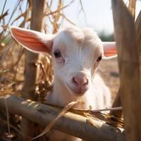 ai généré adorable scène bébé chèvre en jouant avec bambou clôture dans ferme pour social médias Publier Taille photo