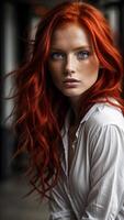 ai généré une femme avec vibrant rouge cheveux et une blanc chemise photo