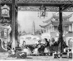 à l'intérieur le maison de une mandarin dans Pékin, ancien gravure. photo