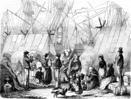 des familles de les migrants campé à le Port de le le havre, ancien gravure. photo