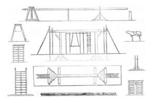 1. tapis, 2. portique, 3. plan portique, 4. arbre tronc, 5. plateforme, 6. de face voir, 7. grand échelle plat, 8. cheval, 9. soutien, dix. échelle, plateforme, vintag photo