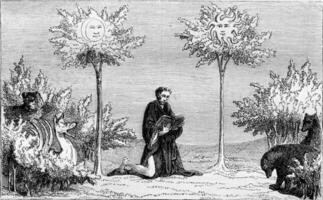 le arbre de le Soleil et le arbre de le lune, miniature de le livre de merveilles, ancien gravure. photo