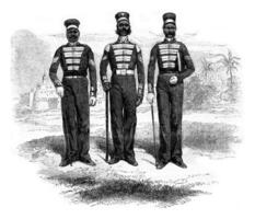 Bengale cipayes Trois sous-officiers, rouge et blanc uniforme, bleu ou blanc pantalon, blanc grenouilles, ancien gravure. photo