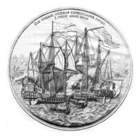 cabinet de médailles, commémoratif médaille argent de le danois naval victoires dans 1677, ancien gravure. photo