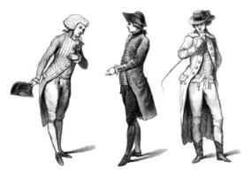 Jeune élégant dans soir robe 1787, bourgeois dans deuil 1786, cheval costume dans le Anglais 1786, ancien gravure. photo