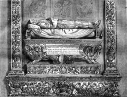 tombeau de alessandro tartagni à st. dominic dans bologne, ancien gravure. photo
