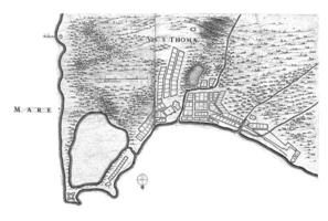 carte de le ville de sao tome, c. 1641, ancien illustration. photo