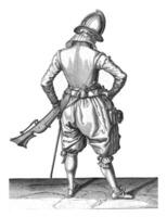 soldat avec une gouvernail prise le sien poudre corne, ancien illustration. photo