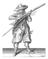 soldat soufflant poudre à canon de le sien mousquet, ancien illustration. photo