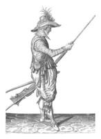 soldat pousser poudre et balle avec le sien baguette, ancien illustration. photo