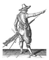 soldat enlever le sien baguette de le titulaire en dessous de le baril de le sien mousquet, ancien illustration. photo