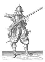 soldat verser poudre à canon dans le la poêle de le sien gouvernail, ancien illustration. photo