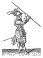 soldat porter le sien brochette proche à le sien droite épaule, ancien illustration. photo