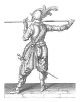 soldat, vu de le dos, porter le sien brochette horizontalement, ancien illustration. photo