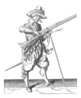 soldat sur regarder donnant le mèche sur le coq de le sien mousquet, ancien illustration. photo
