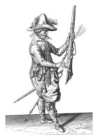 soldat en portant le sien mousquet droit avec le sien la gauche main, ancien illustration. photo